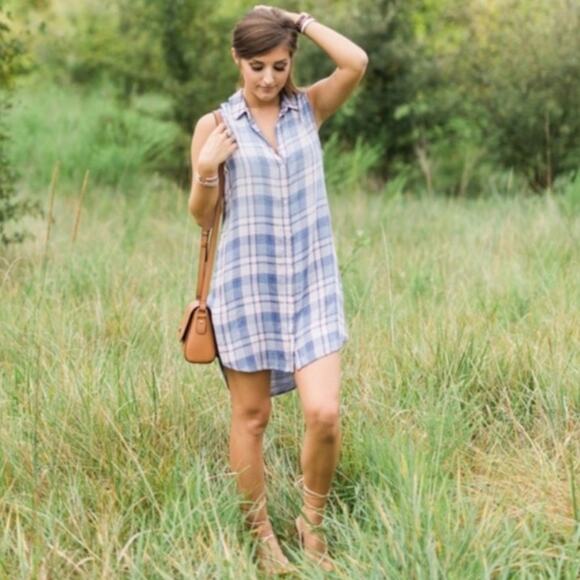 Cloth & Stone Plaid Sleeveless Button Down Collared Mini Shirt Dress Blue Small - Picture 8 of 8